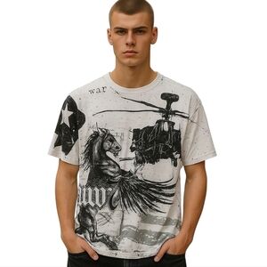 Men's RAW 7 T-Shirt War Black Hawk Heli Stallion Rhinestones Leather
